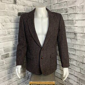 Vintage 90s Harris Tweed Blazer Brown Herringbone Wool Two Button Sport Coat